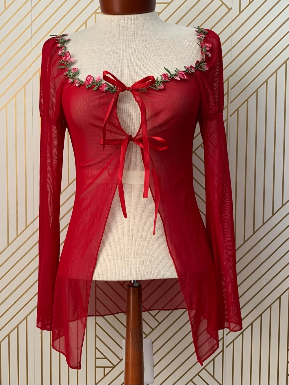 Semi sheer chiffon floral trim princess puff sleeve tie front coquette girl boho